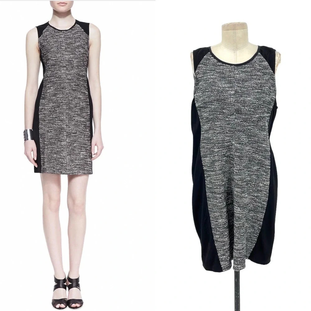 Eileen Fisher Colorblock Ponte Panels Tweed Knitted Dress Gray Black Size Medium